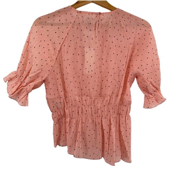 After Market Blouse S Peach Polka Dot Ruffled‎ Asymmetrical Hem Short Sleeve NWT - Picture 6 of 6